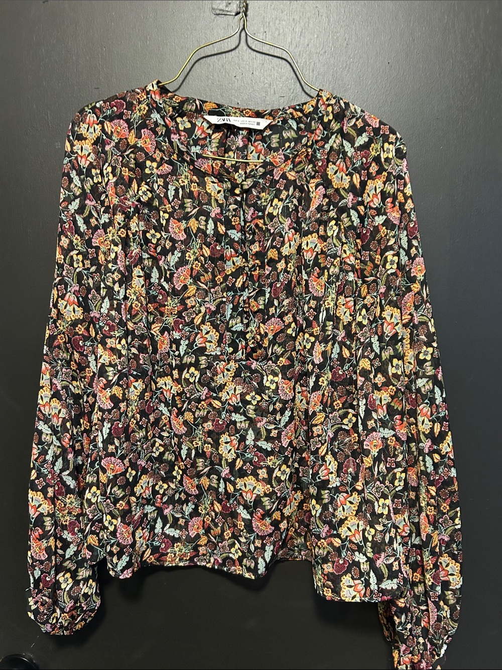 Zara Black Floral Peasant Blouse with Multicolor Blossoms